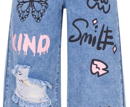 Floerns Girl’s Heart Print Cute Ripped Baggy Jeans Straight Wide Leg Streetwear Denim Pants