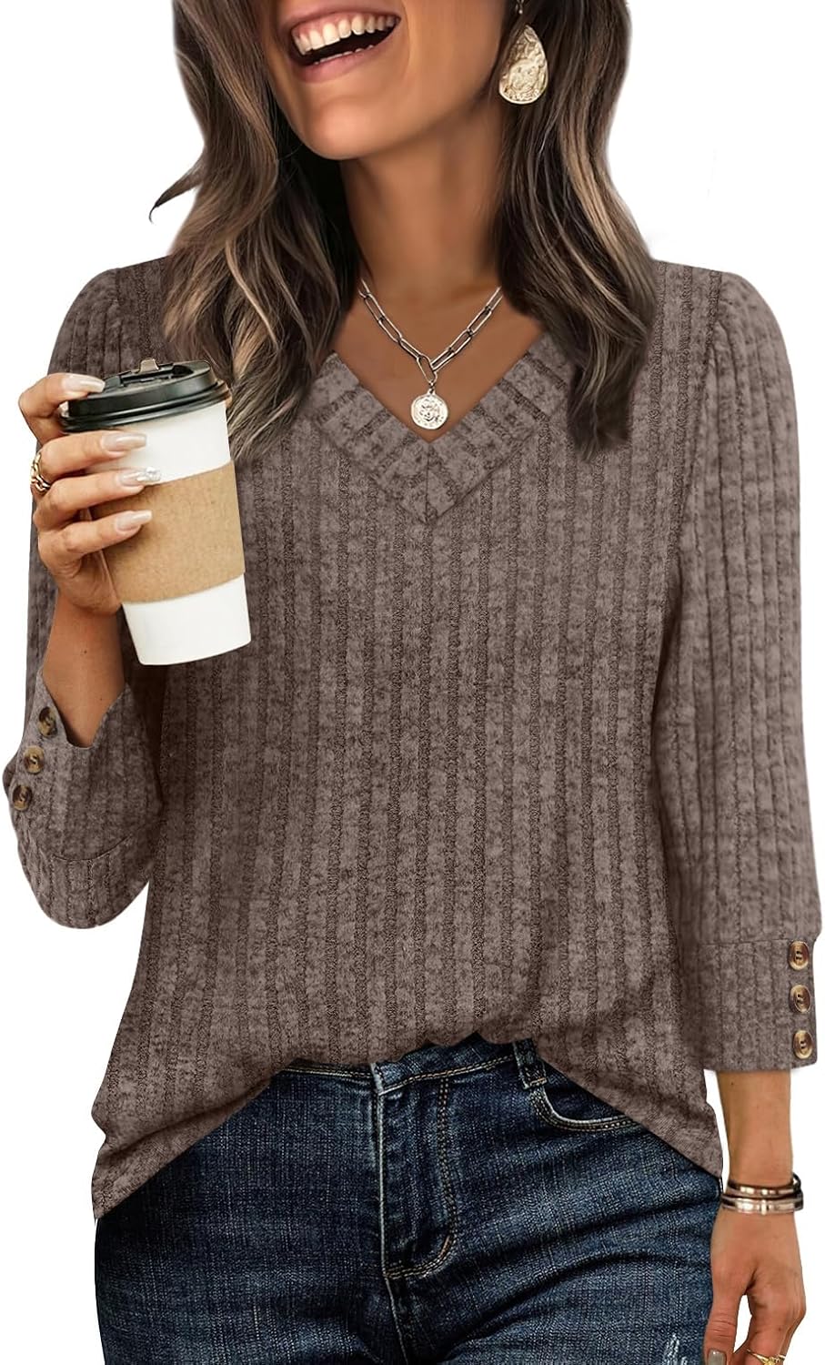 WIHOLL V Neck 3/4 Length Sleeve Womens Tops Casual Fall Shirts Lightweight Tunic Sweaters Fashion Clothes 2025