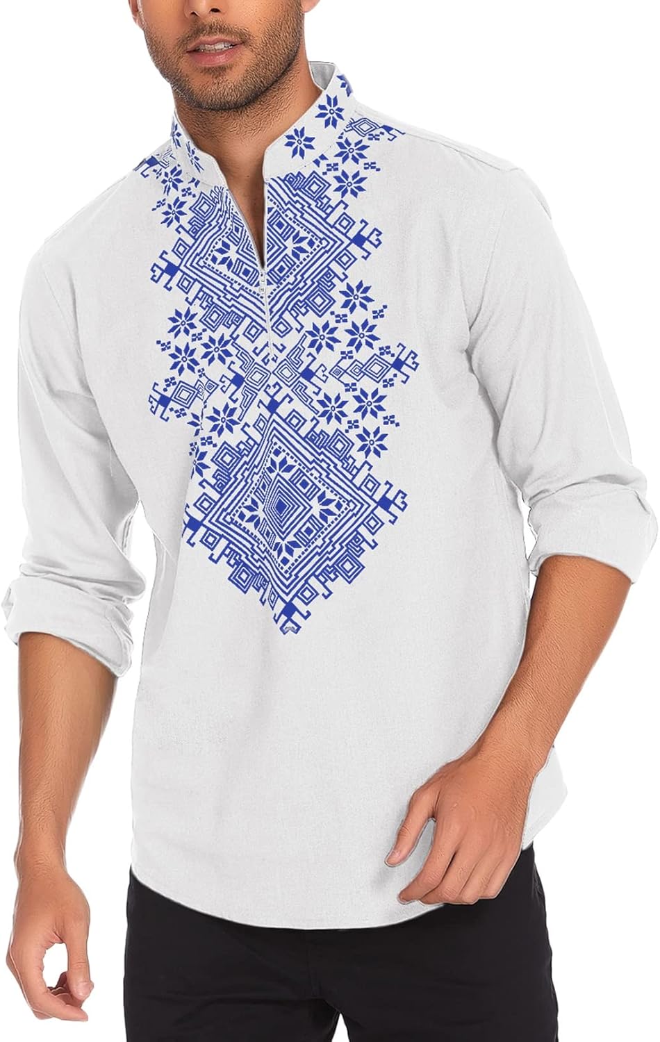 COOFANDY Men’s Henley Shirt Vyshyvanka Long Sleeve African Print Shirts Casual Zip Up Cotton Linen Beach Hippie Shirt