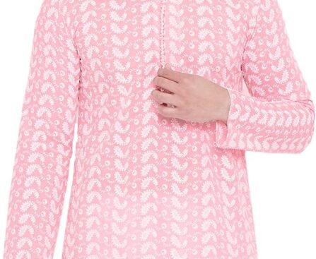 VASTRAMAY Men’s Cotton Chikankari Kurta | Knee-Length | Full Sleeves | Mandarin Collar | Festive & Casual Ethnic Wear