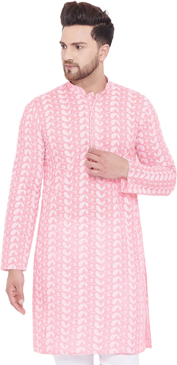 VASTRAMAY Men’s Cotton Chikankari Kurta | Knee-Length | Full Sleeves | Mandarin Collar | Festive & Casual Ethnic Wear
