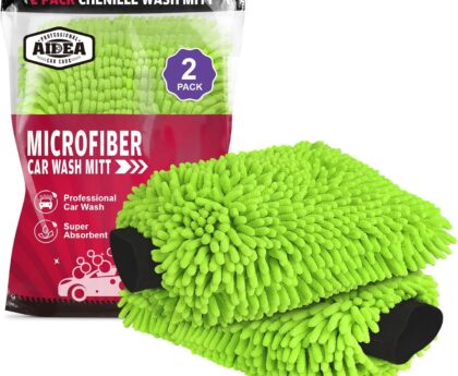AIDEA Car Wash Mitt Microfiber, 2PK Scratch Free Lint-Free, Premium Chenille Microfiber Mitt Car Wash Brush, Green, Regular Size 7.12”X10.14”