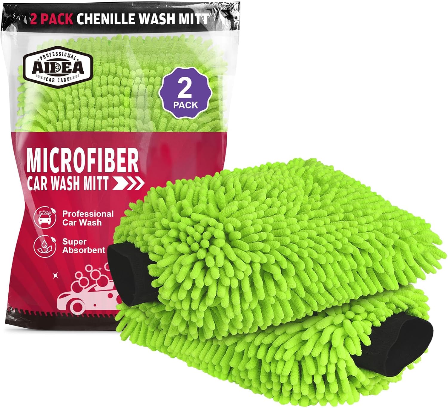 AIDEA Car Wash Mitt Microfiber, 2PK Scratch Free Lint-Free, Premium Chenille Microfiber Mitt Car Wash Brush, Green, Regular Size 7.12”X10.14”