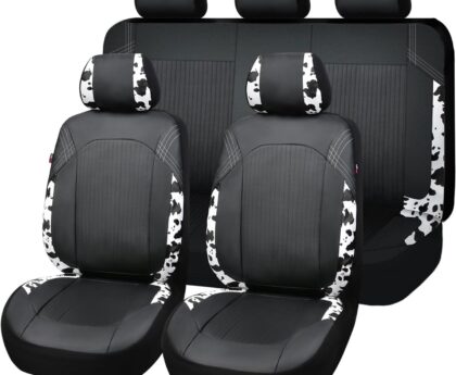 Flying Banner Synthetic Leather car seat Covers Full Set Front and Rear Bench Fashion Easy Installation Cup Holder Free (Black & Cow Print, Low Bucket – Full Set)