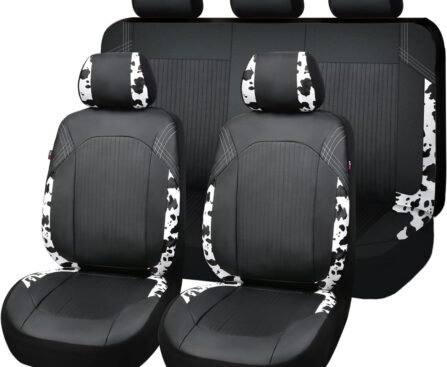 Flying Banner Synthetic Leather car seat Covers Full Set Front and Rear Bench Fashion Easy Installation Cup Holder Free (Black & Cow Print, Low Bucket – Full Set)