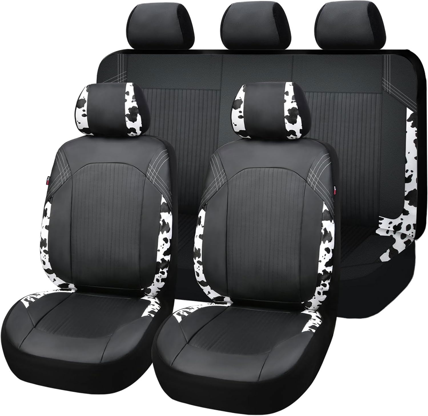 Flying Banner Synthetic Leather car seat Covers Full Set Front and Rear Bench Fashion Easy Installation Cup Holder Free (Black & Cow Print, Low Bucket – Full Set)