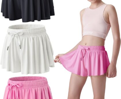 3 Pack Girls Flowy Shorts with Spandex Liner 2-in-1 Youth Butterfly Skirts for Fitness, Running, Sports