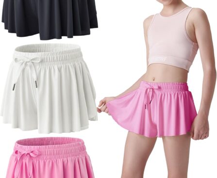 3 Pack Girls Flowy Shorts with Spandex Liner 2-in-1 Youth Butterfly Skirts for Fitness, Running, Sports