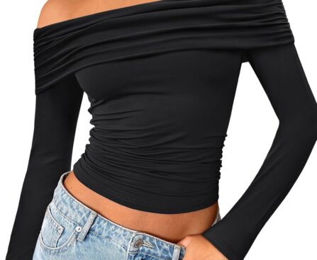 Trendy Queen Women Long Sleeve Shirts Off Shoulder Tops Going Out Crop Sexy Slim Fitted Y2K Fall Outfits 2025 Fashion Clothes