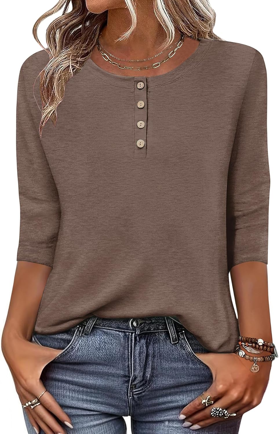 Zeagoo Womens Tops 3/4 Length Sleeve T Shirts Dressy Casual Button Down Blouses Spring Fall Clothes