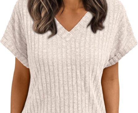 AUTOMET Women Tops Summer Sweaters Short Sleeve Shirts 2025 Spring Vacation Fashion Dressy Casual Business V Neck Blouses