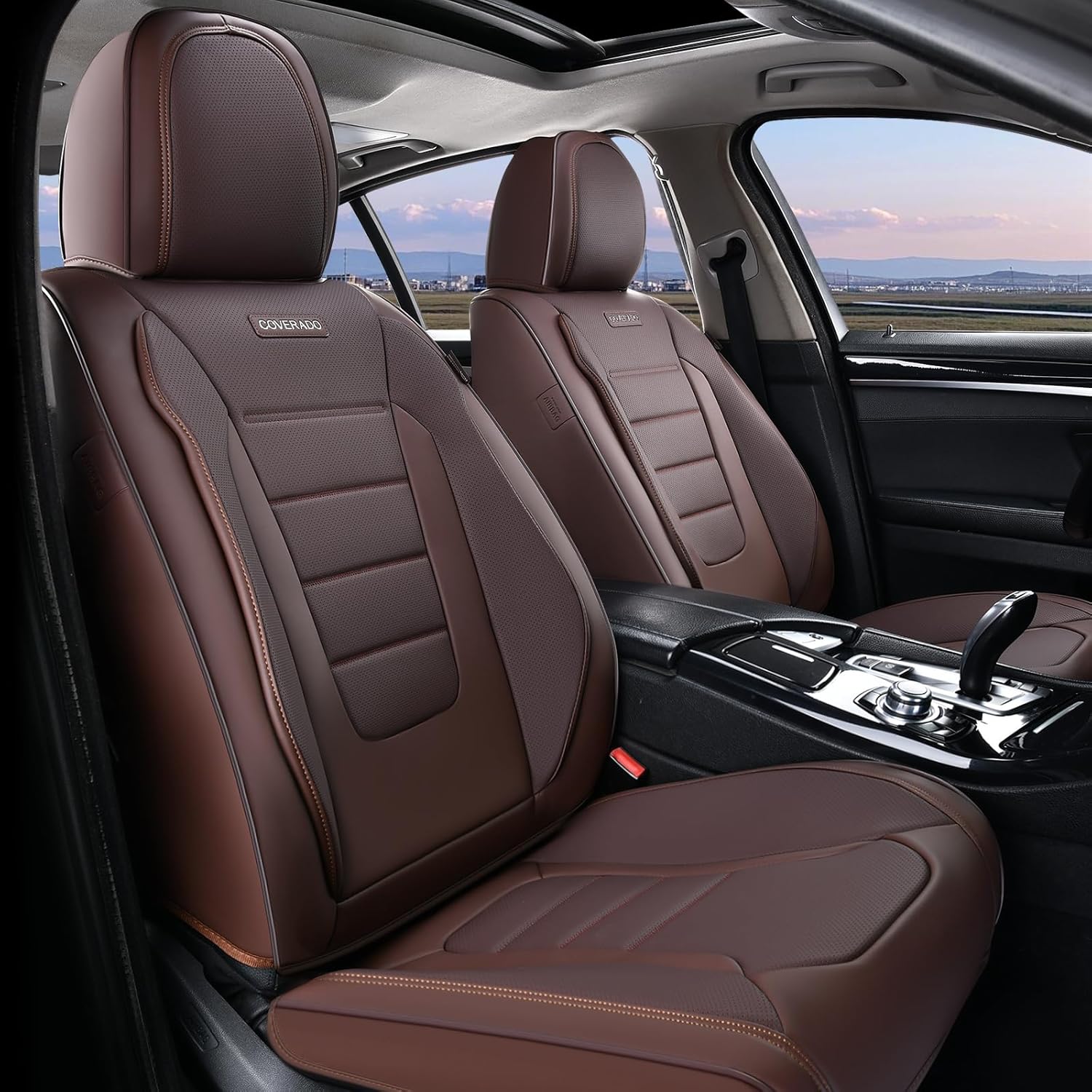 Coverado Car Seat Covers Front, Seat Covers for Cars, Waterproof 2-Pack Car Seat Cushions, Leather Carseat Seat Protectors, Universal Seat Covers Fit for Most Sedans SUV Pick-up Trucks(Brown)