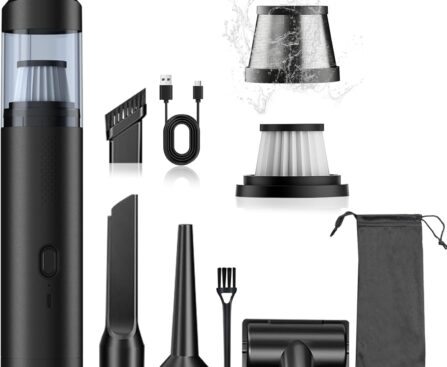 Cordless Car Vacuum,4-in-1 Portable Mini Handheld Vac,2 Suction Modes,16kpa Suction Power Blowing & Inflating 2 Modes,Vacuum for Car,Home,Pet Hair,Office, Desk,Keyboards (Black)