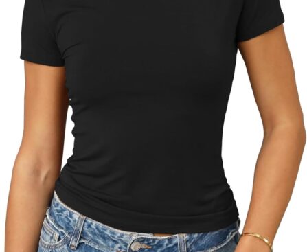 Abardsion Women’s Casual Basic Going Out Crop Tops Slim Fit Short Sleeve Crew Neck Tight T Shirts 2026