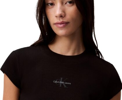 Calvin Klein Womens Monogram Logo Ribbed Baby Tee