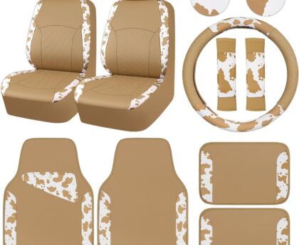 CAR PASS Cow Print Faux Leather Car Seat Covers & Cow Car Mats & Cow Steering Wheel Cover Seat Belt Pads Universal fit for SUV,Van,Saden,Truck Cute Car Accessories Automobile Interior Sets All Beige