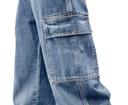 Haloumoning Boys Cargo Jeans Kids Baggy Elastic Waist Wide Leg Denim Pants with Pockets 5-14 Years