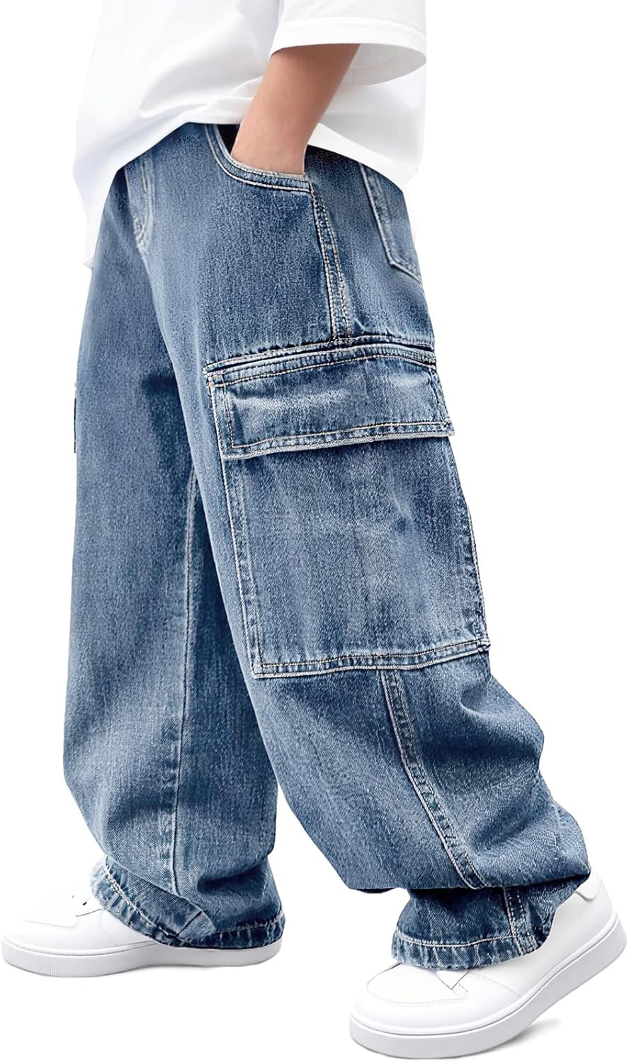Haloumoning Boys Cargo Jeans Kids Baggy Elastic Waist Wide Leg Denim Pants with Pockets 5-14 Years