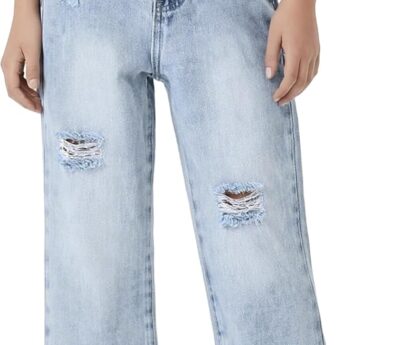 PATPAT Girls Wide Leg Jeans Size 4-14 Years Elastic Waist Ultra Stretch Baggy Jeans with Pockets