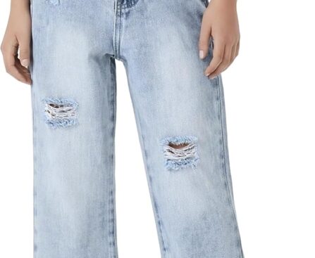 PATPAT Girls Wide Leg Jeans Size 4-14 Years Elastic Waist Ultra Stretch Baggy Jeans with Pockets