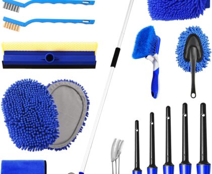 NIKCOSMK 62” Car Wash Brush Kit – Mitt, Mop, Sponge & Long Handle, Scratch-Free Chenille Replacement Head, Wheel Tire Brush, Car Detailing Kit for Cars, RV, Truck