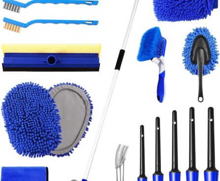 NIKCOSMK 62” Car Wash Brush Kit – Mitt, Mop, Sponge & Long Handle, Scratch-Free Chenille Replacement Head, Wheel Tire Brush, Car Detailing Kit for Cars, RV, Truck