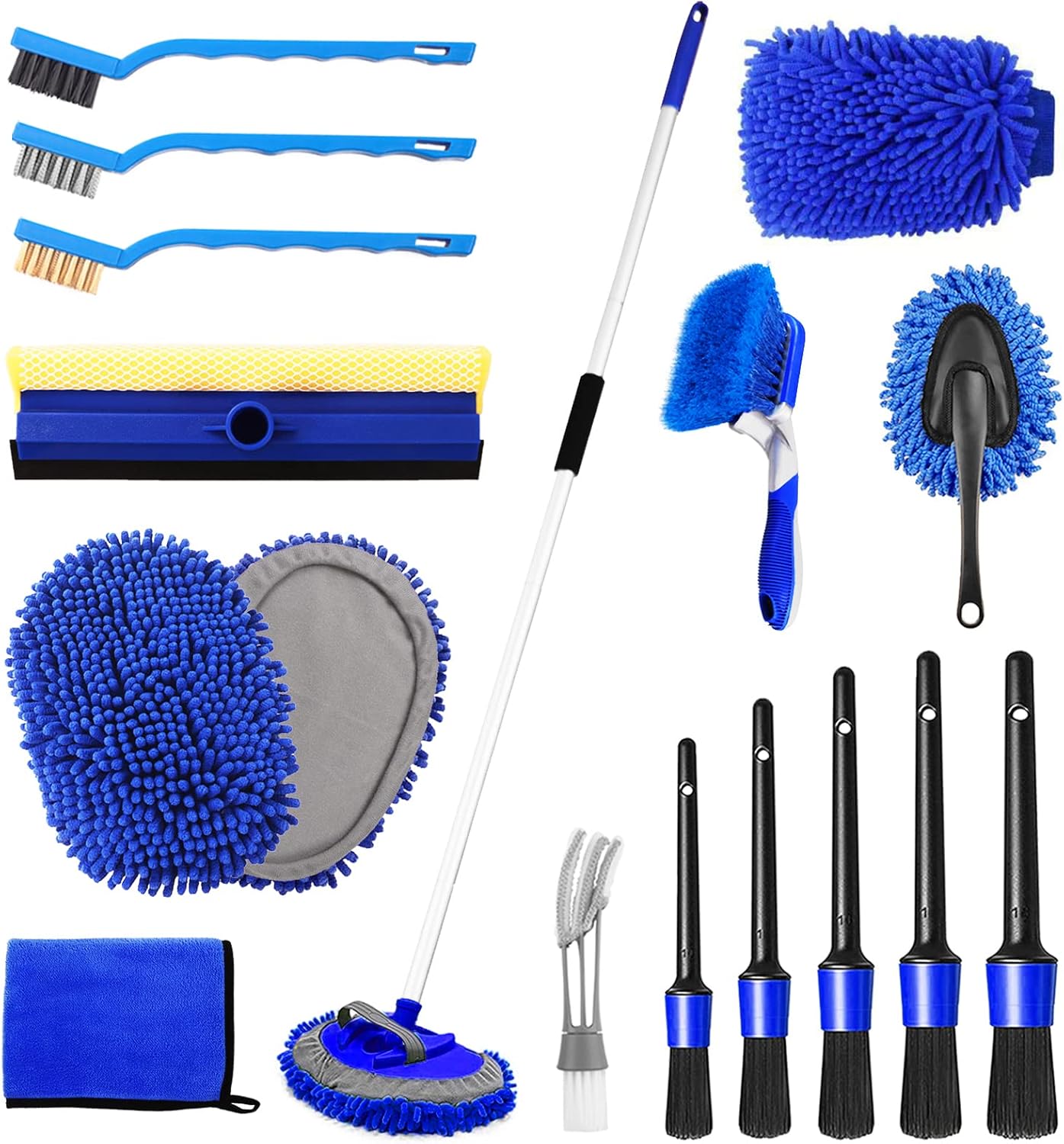 NIKCOSMK 62” Car Wash Brush Kit – Mitt, Mop, Sponge & Long Handle, Scratch-Free Chenille Replacement Head, Wheel Tire Brush, Car Detailing Kit for Cars, RV, Truck