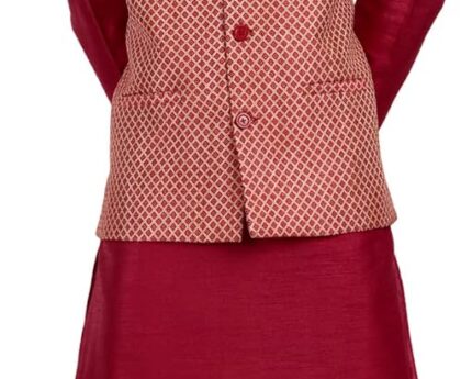 SKAVIJ Men’s Dupion Silk Kurta Pajama with Nehru Jacket (Waistcoat) Set Indian Traditional Wedding Ethnic Outfit (X-Large, Red)