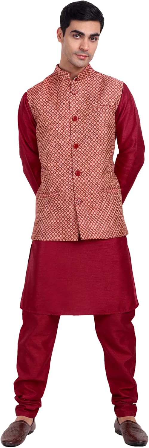 SKAVIJ Men’s Dupion Silk Kurta Pajama with Nehru Jacket (Waistcoat) Set Indian Traditional Wedding Ethnic Outfit (X-Large, Red)