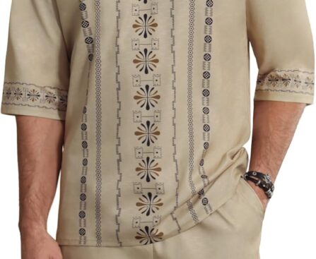 Men’s Print Linen Shirts and Shorts Set Short Sleeve 2 Piece Beach Vacation Outfits Summer Yoga Suits With Pockets