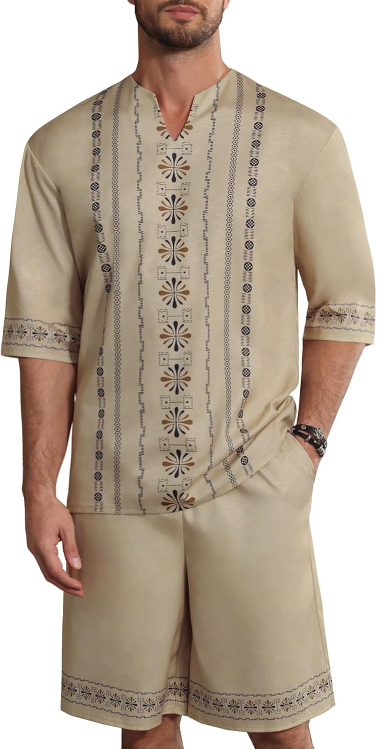 Men’s Print Linen Shirts and Shorts Set Short Sleeve 2 Piece Beach Vacation Outfits Summer Yoga Suits With Pockets