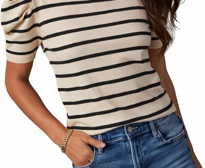 Dokotoo Women’s Short Puff Sleeve Knit Tops 2025 Trendy Crewneck Striped T Shirts Casual Summer Blouses