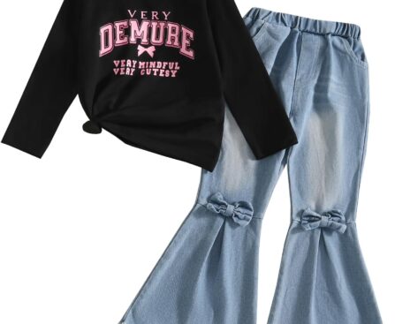 Toddler Girl Clothes Long Sleeve Cartoon & Letter Graphic Top + Fruit Stationery Print Flared Leg Pants