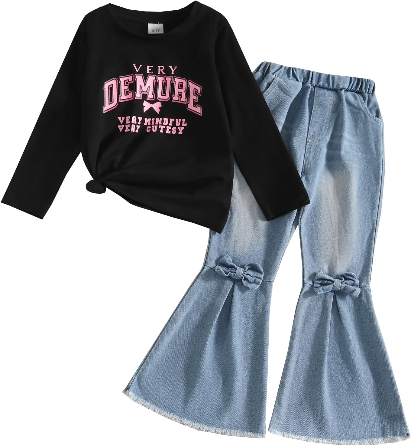 Toddler Girl Clothes Long Sleeve Cartoon & Letter Graphic Top + Fruit Stationery Print Flared Leg Pants