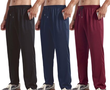 ZH 3 Pack Men’s Sweatpants Open Bottom Joggers Lightweight Quick Dry Athletic Pants with Pockets for Workout & Lounge