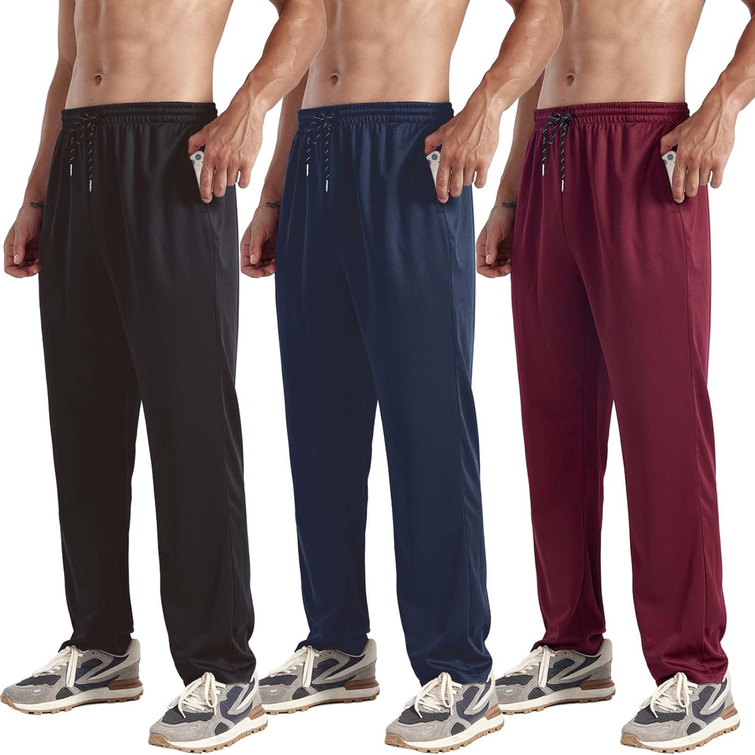 ZH 3 Pack Men’s Sweatpants Open Bottom Joggers Lightweight Quick Dry Athletic Pants with Pockets for Workout & Lounge