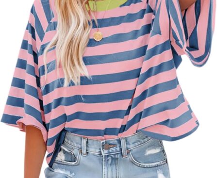 Dokotoo Tops for Women Striped 2025 Fashion T Shirts for Women Color Block Crewneck Design Loose Basic Tee