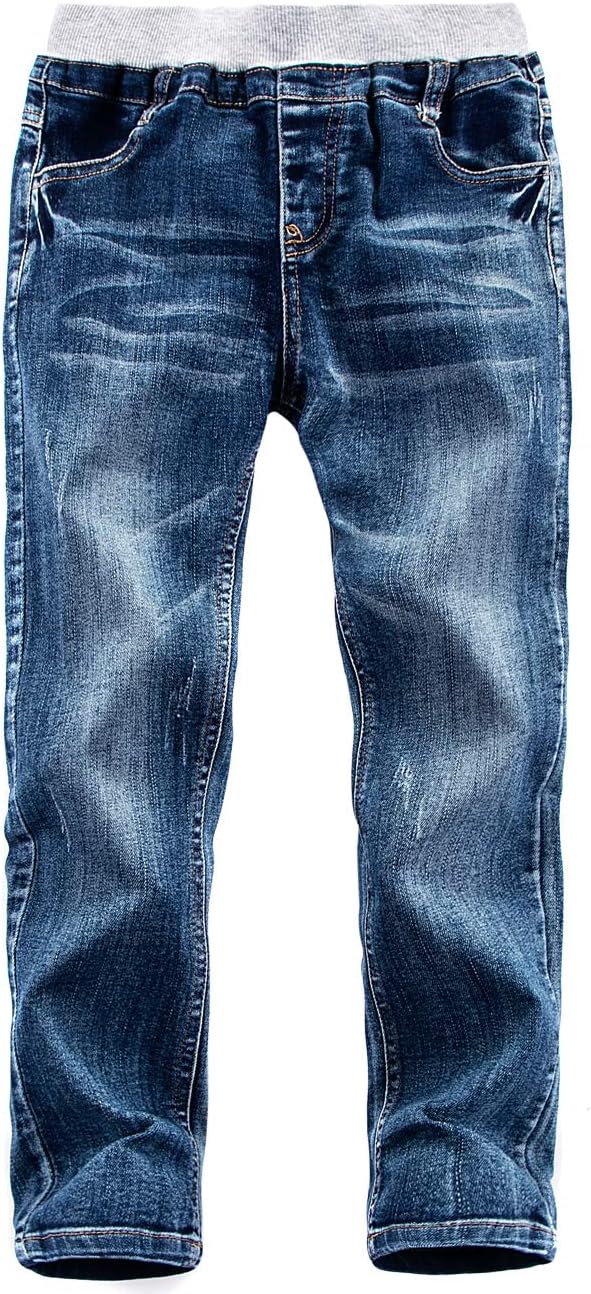 Boys’ Denim Jeans, Ribbed Elastic Waist Cotton Pants for Kids