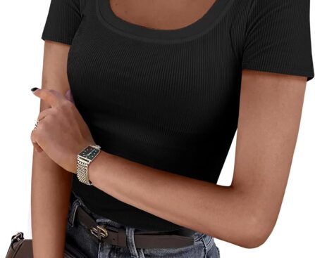 ANRABESS Women Short Sleeve Tops Scoop Neck Ribbed Knit Slim Fitted Basic Tee Shirts Casual Summer Clothes 2025 Fall Outfits
