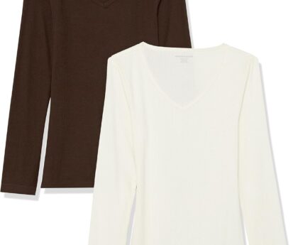 Amazon Essentials Womens Slim-Fit Layering Long Sleeve Knit Rib V-Neck Shirts (Available in Plus Size)