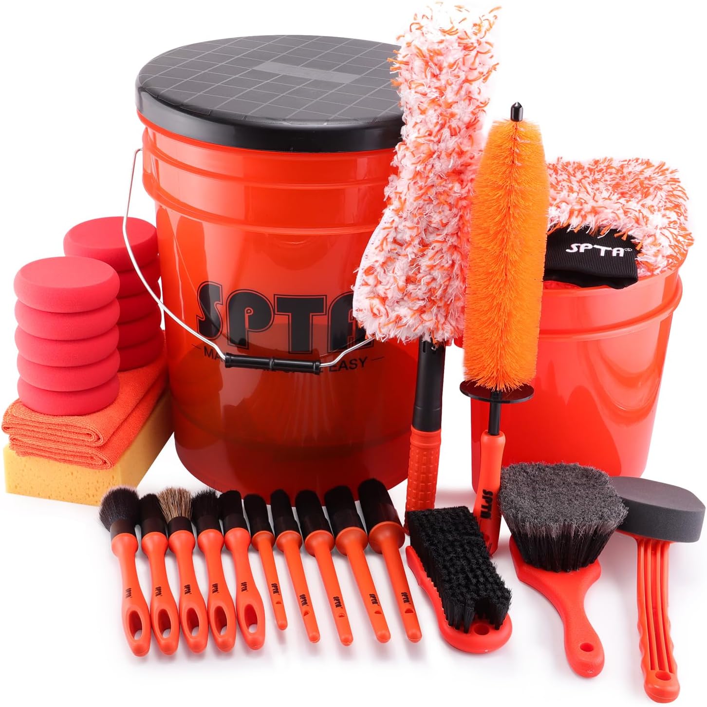 SPTA 33Pcs Car Wash Bucket Set, 20L Scratch Free Detailing Bucket with Car Wash Filter Wash Mitt Sponge Towels Tire Detailing Brush Set, Exterior Interior Car Detailing Set, Complete Car Care Tools
