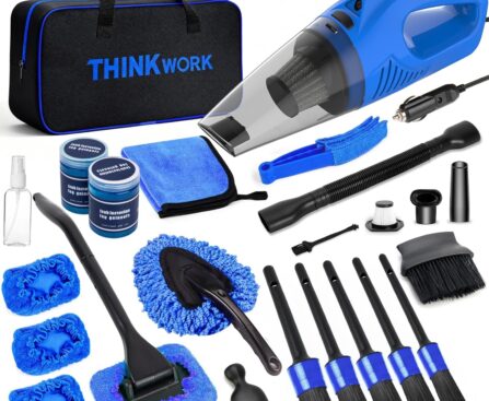 THINKWORK Car Cleaning Kit Car Detailing Kit,Car Cleaning Kit Interior Cleaner with High Power Blue Handheld Vacuum Cleaner,Brush Sets,Windshield Cleaner and Storage Bag,Car Accessories,Car Gift Set