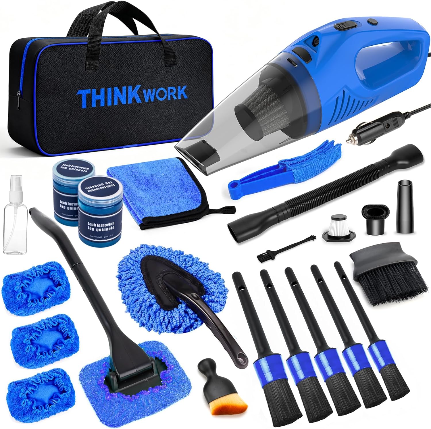 THINKWORK Car Cleaning Kit Car Detailing Kit,Car Cleaning Kit Interior Cleaner with High Power Blue Handheld Vacuum Cleaner,Brush Sets,Windshield Cleaner and Storage Bag,Car Accessories,Car Gift Set