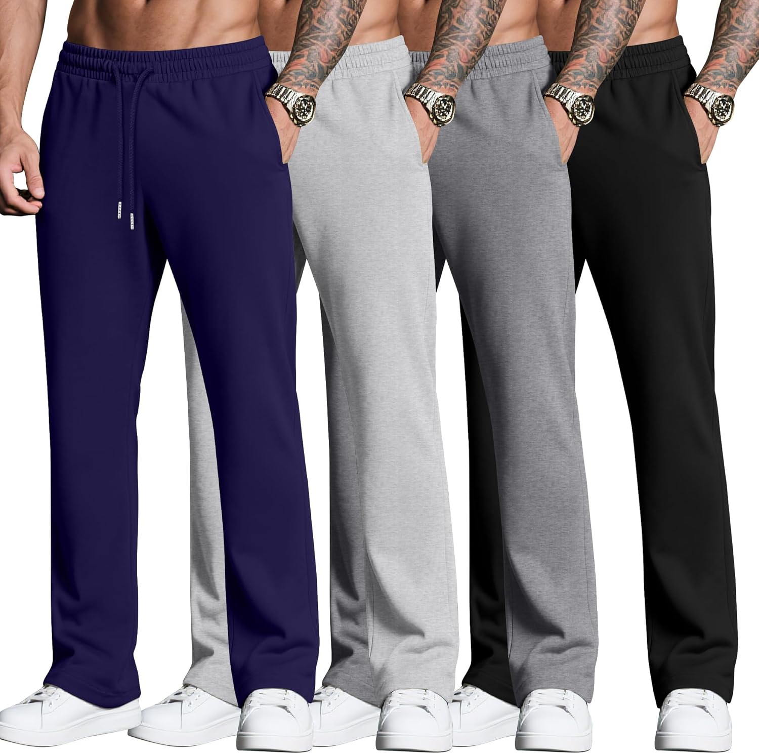 Neer 4 Pack Men’s Sweatpants Joggers with Pockets Open Bottom Gym Athletic Pants Baggy Workout Casual Running Clothing