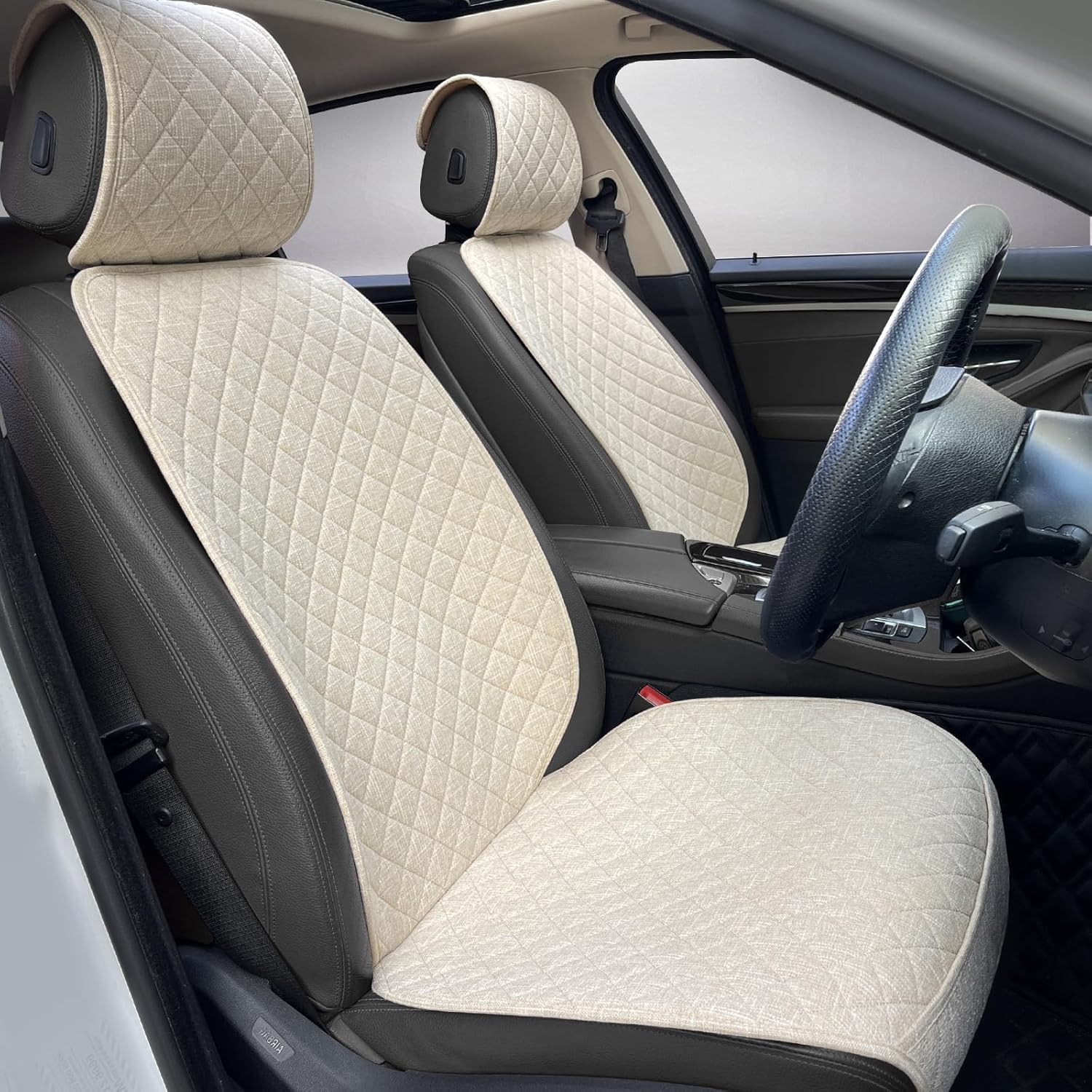 Linen Car Seat Covers Front Seat Covers Breathable Cloth Fabric Car Seat Protector – Universal Fit for Cars, Vans, SUVs, Trucks – 2 Units – Beige