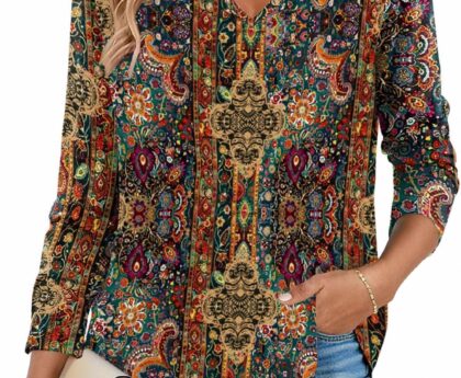 Zeagoo Long Sleeve Shirts for Women Fall V Neck Tops Casual Dressy Blouse Boho Tunic Business Work Clothes School Outfit