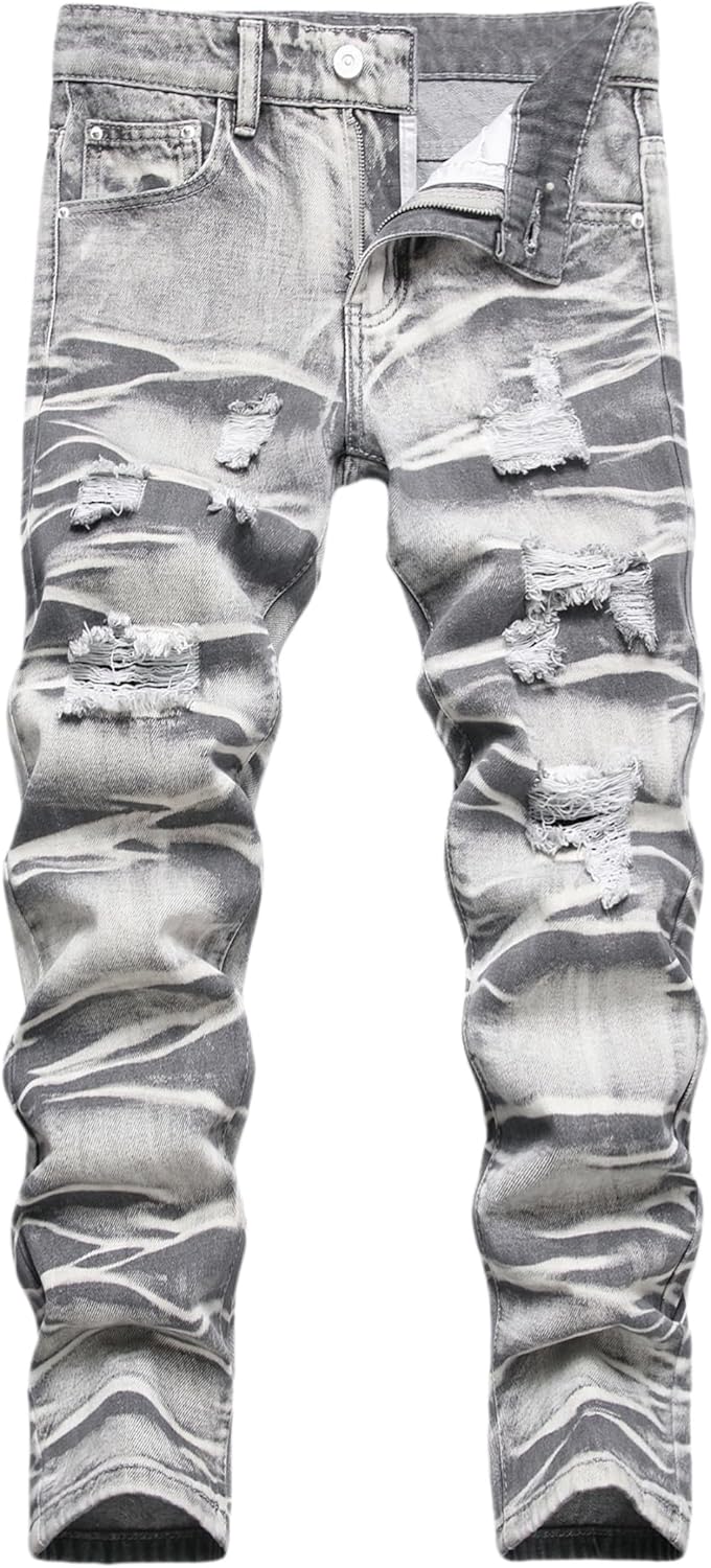 Boy’s Ripped Jeans Stacked Destroyed Distressed Skinny Fit Fashion Comfy Denim Jeans Pants