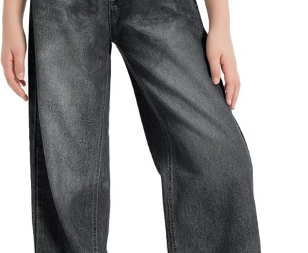 EXARUS Girls Jeans Baggy Wide Leg Cute Teen Denim Pants Junior Mid Rise Elastic Band with Pockets Casual Clothes