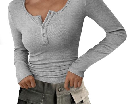 PRETTYGARDEN Women’s 2025 Fall Long Sleeve Henley T Shirts Button Ribbed Knit Slim Fit Basic Tops Blouse Casual Outfits