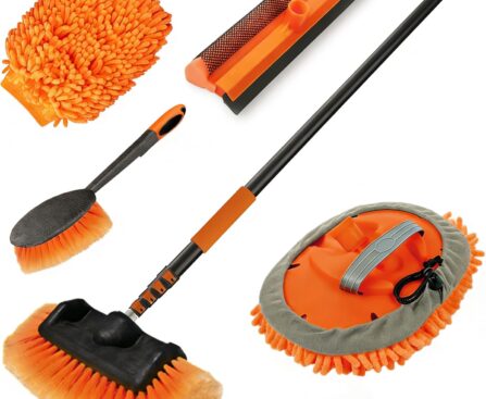 20FT Reach Car Wash Brush with Long Handle, Car Cleaning Kit with Soft Bristle Wash Brush, Microfiber Cleaning Mop, Window Squeegee, Mitt, Wheel Brush for RV, Truck, Boat, House Siding